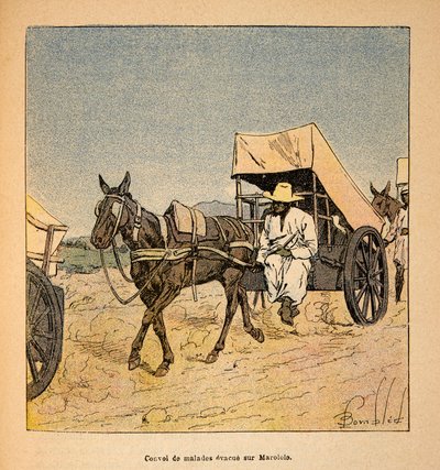 De Oorlog in Madagaskar-Anekdotische Geschiedenis van de Franse Expedities van 1885-1895 door Henri Galli, geïllustreerd door Louis Bombled: Konvooi van zieke ontsnappingen op Marololo, privécollectie door Louis Charles Bombled