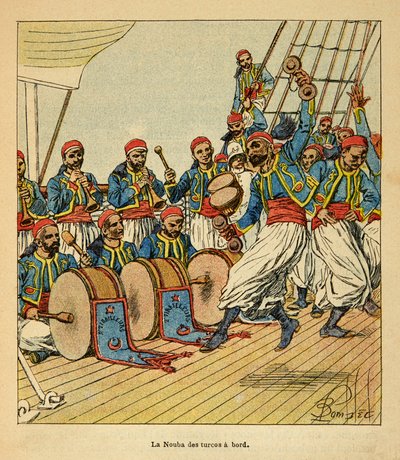 De Oorlog in Madagaskar-Anekdotische Geschiedenis van de Franse Expedities van 1885-1895 door Henri Galli, geïllustreerd door Louis Bombled: La nouba van de turcos aan boord van het schip op weg naar Madagaskar, privécollectie door Louis Charles Bombled