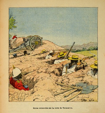 De oorlog in Madagaskar-Anekdotische geschiedenis van de Franse expedities van 1885-1895 door Henri Galli dit Galllichet (1854-1922), geïllustreerd door Louis Bombled (1862-1927): Hovas troepen in loopgraven op de weg naar Tannarive in 1895, Privécollectie door Louis Charles Bombled
