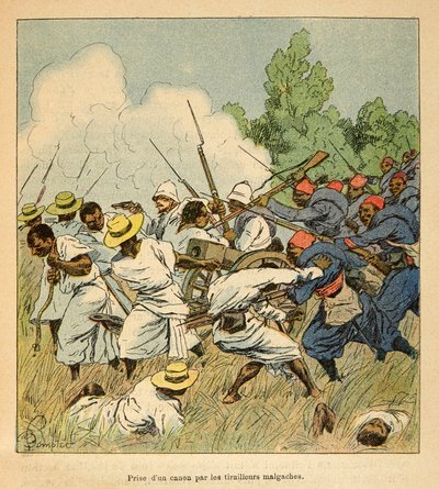 De oorlog in Madagaskar - Anekdotische geschiedenis van de Franse expedities van 1885-1895 door Henri Galli, geïllustreerd door Louis Bombled: De Malagassiërs namen een kanon in beslag tijdens de gevechten van Ambolomonty in 1895 door Louis Charles Bombled