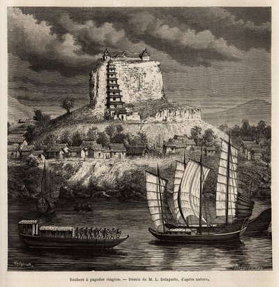 Een rots met pagodastages en verschillende boten op de blauwe rivier (China), gravure naar de tekening van L. Delaporte, ter illustratie van de ontdekkingsreis in Indochina door Francis Garnier, luitenant van het schip, in 1866-1868, gepubliceerd in 