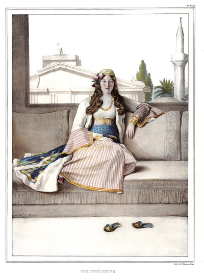Een Athener - uit "Reis naar Athene en Constantinopel, of verzameling van Griekse en Ottomaanse portretten, uitzichten en kostuums, geschilderd op plaatsen van de natuur, lithografieën en kleuren door Louis Dupre (1789-1837), leerling van David. 1825" door Louis Dupré