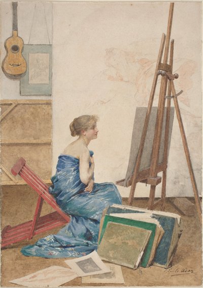 Een schildersatelier met een model gewikkeld in Japanse zijde door Louis Emile Adan
