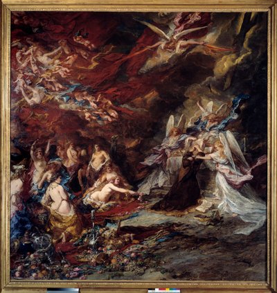 De verleiding van Sint Antonius De kluizenaar Sint Antonius de Grote (251-356) (of Sint Antonius de Kluizenaar of Sint Antonius de Abt) wordt onderworpen aan de verleidingen van de Duivel in de woestijn. door Louis Eugene Gabriel Isabey
