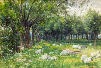Schapen in een boomgaard in de lente door Louis Fairfax Muckley