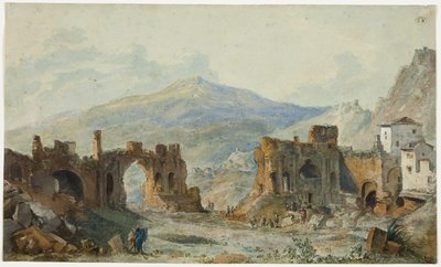 Het antieke theater in Taormina met uitzicht op de Etna, studie voor Saint Non