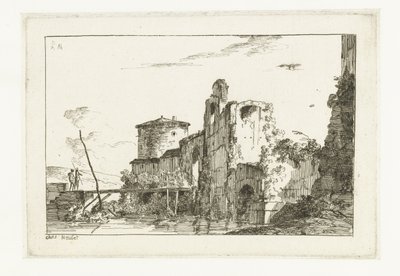 Fort en een brug over de rivier door Louis Gabriel Moreau
