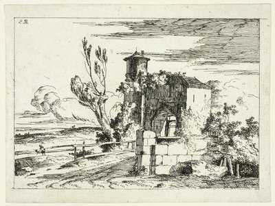 Landschap met oude poort door Louis Gabriel Moreau