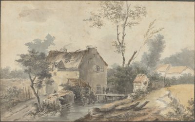 Molen met brug en figuren door Louis Gabriel Moreau the Elder