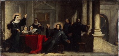 Sint Scholastica verkrijgt regen en donder uit de hemel om te voorkomen dat Sint Benedictus haar verlaat door Louis Galloche