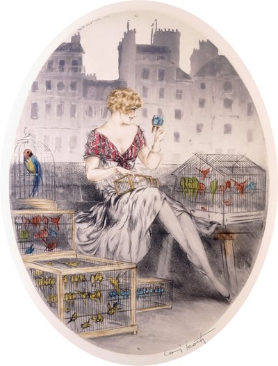 Meisje met Grasparkieten, ca. 1920s-30s door Louis Icart
