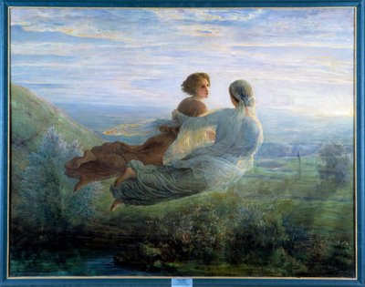Het gedicht van de ziel; De vlucht van de ziel, een jonge vrouw opgeheven in de lucht boven een groen landschap en vergezeld door een muze in een lyrische sfeer. Lyon, Musee Des Beaux Arts door Louis Janmot