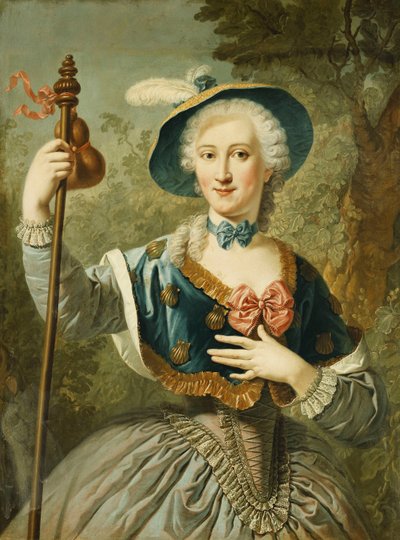 Portret van een Dame, Driekwart Lengte, Gekleed als een Pelgrim, en Dragend een Blauw Gevoerde Strohoed en Veer, 1747 door Louis Jean François Lagrenée
