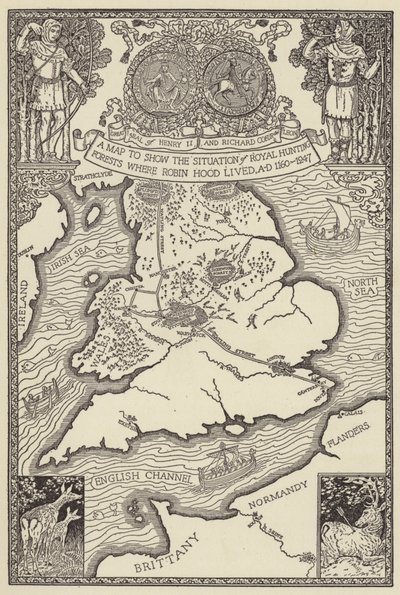 Een kaart om de situatie van Koninklijke Jachtbossen te tonen waar Robin Hood leefde, AD 1160-1247 door Louis John Rhead