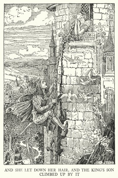 En ze liet haar haar zakken, en de zoon van de koning klom omhoog (litho) door Louis John Rhead