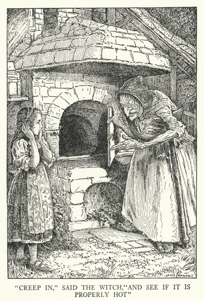 "Kruip erin," zei de heks, "En kijk of het goed heet is" door Louis John Rhead
