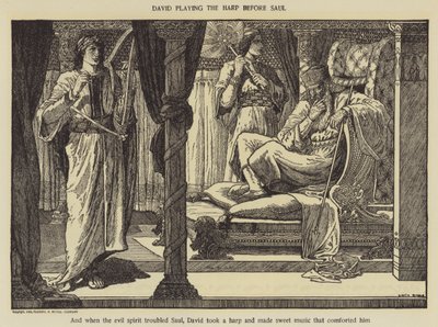 David speelt harp voor Saul door Louis John Rhead
