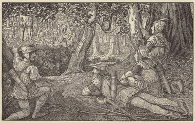 Een groep boswachters en twee gevangenen bespied door Louis John Rhead