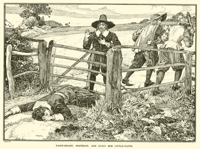 Faint-Heart, Mistrust en Guilt beroven Little-Faith (gravure) door Louis John Rhead