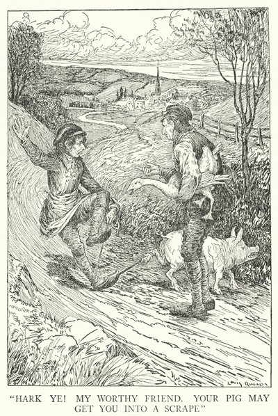 "Luister! Mijn waarde vriend, je varken kan je in de problemen brengen" door Louis John Rhead
