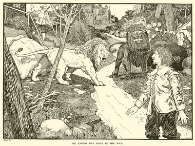 Hij zag twee leeuwen op de weg door Louis John Rhead