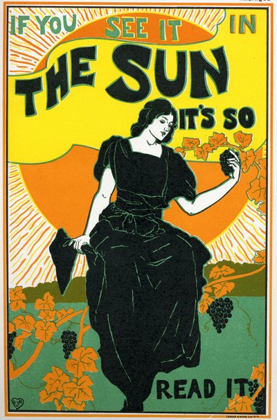 Literatuur. The Sun, krant. Poster door Louis Rhead, VS, ca. 1890 (poster) door Louis John Rhead