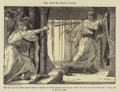 Saul werpt zijn speer naar David door Louis John Rhead