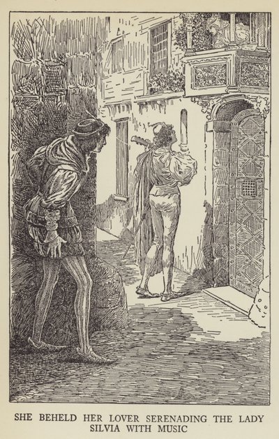 Ze zag haar minnaar de Lady Silvia serenaderen met muziek door Louis John Rhead