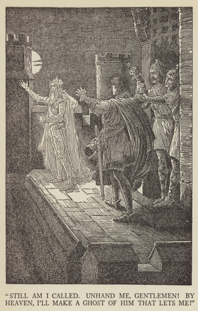 Nog steeds word ik geroepen, laat me los, heren! bij de hemel, ik maak een geest van hem die me tegenhoudt! door Louis John Rhead