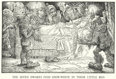 De zeven dwergen vinden Sneeuwwitje in hun kleine bed (litho) door Louis John Rhead