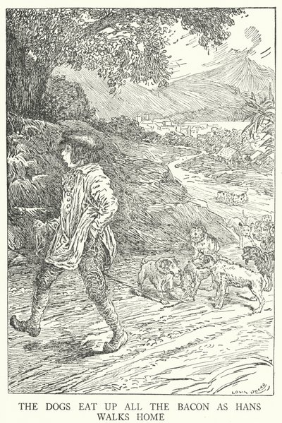 De honden eten al het spek op terwijl Hans naar huis loopt door Louis John Rhead