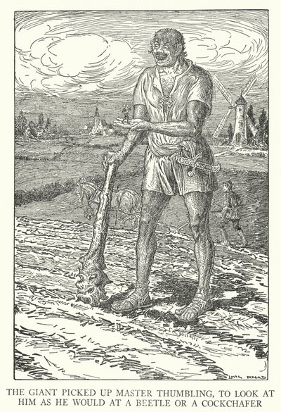 De reus pakte Meester Duimelot op, om naar hem te kijken zoals hij naar een kever of een meikever zou kijken door Louis John Rhead