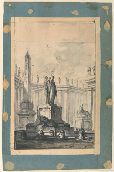 Tekening, Architecturale fantasie met fontein en obelisk, ca. 1745 door Louis Joseph Le Lorrain