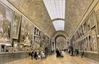 De Grande Galerie, Louvre museum, c.1850 door Louis Jules (after) Arnout