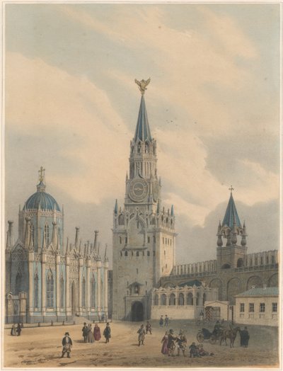 De Spasskaya Toren Verlosser Poorten en Sint-Catharina Kerk van het Hemelvaartklooster in het Kremlin van Moskou door Louis Jules Arnout