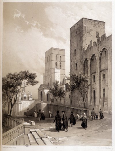 Paleis van de pausen in Avignon, en de wandelaars van Avignon in de 19e eeuw door Louis Julien Jacottet