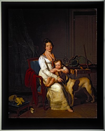 Een jonge dame met een kind en hond in een interieur door Louis Leopold Boilly