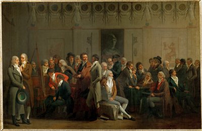 Een groep kunstenaars in de studio van Isabey ... door Louis Leopold Boilly