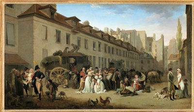 De aankomst van een koets op de binnenplaats van de Messageries, rue Notre-Dame-des-Victoires, in Parijs ... door Louis Leopold Boilly