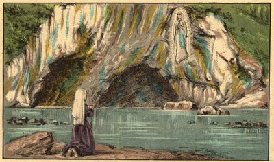 De Verschijning van de Maagd Maria in Lourdes - De Maagd verschijnt aan Bernadette Soubirous (1844-1879) in Lourdes in 1858 - - Gravure uit "Religieus onderwijs door de ogen. Wonderbaarlijk Album" door Louis Maitrejean en Georget Ramond - Frankrijk 1910 door Louis Maitrejean