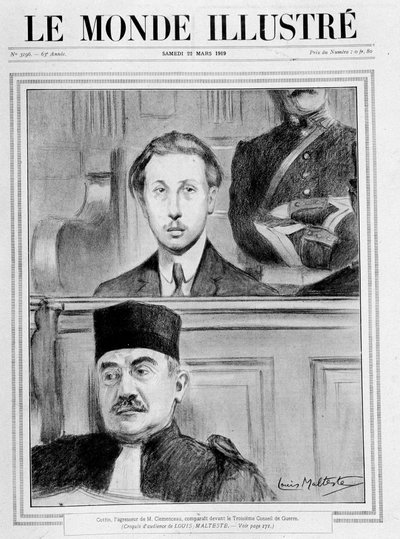 Rechtbankscène. Eugene Cottin, de aanvaller van Georges Benjamin Clemenceau, verscheen voor de 3e Oorlogsraad (schets van publiek door Louis Malteste) - in Le Monde Illustré van 15/02/1919 door Louis Malteste