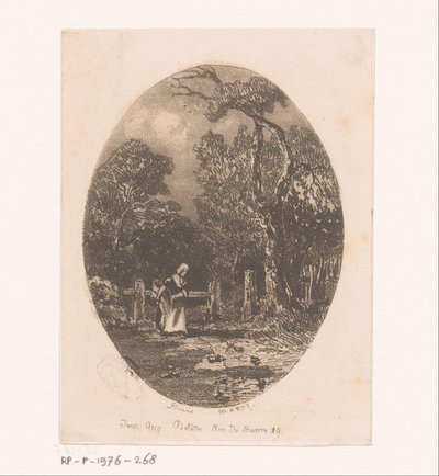 Landschap met boerin voor een hek door Louis Marvy