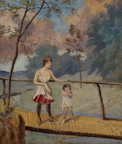 Twee meisjes op een houten brug door Louis Michel Eilshemius