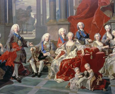 De familie van Filips V van Spanje (1683-1746) detail met de koning, zijn tweede vrouw Elizabeth Farnese en de toekomstige Ferdinand VI door Louis Michel van Loo