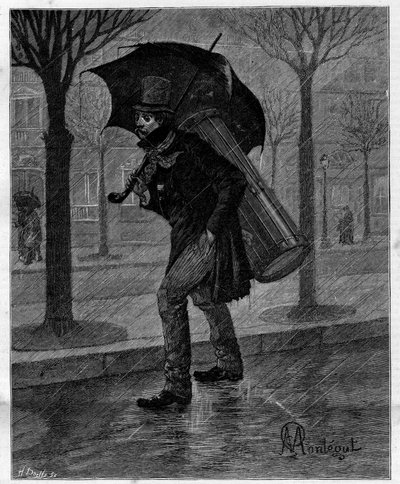 Slechte oogst! Arme natte krekel! ... Trommelspeler in ellende loopt in de regen door de straten van Parijs. In 