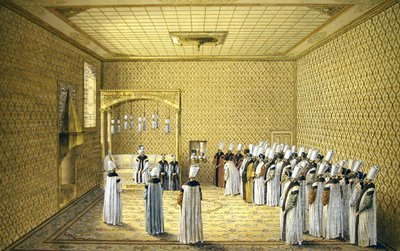 De presentatie van een Ambassadeur aan de Sultan in de Hal van Petities van het Topkapi Paleis, Constantinopel door Louis Nicolas de Lespinasse