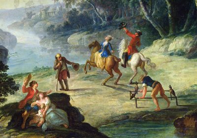 Een Jacht met Valken, detail van een ruiter en een valkenier door Louis Philippe Crepin