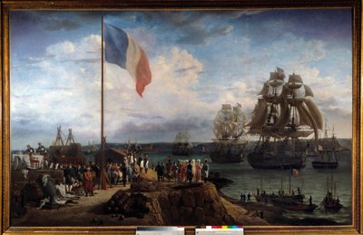 Keizer Napoleon I en Marie Louise wonen het eskader van admiraal Troude bij in Cherbourg op 30/05/1811 door Louis Philippe Crepin
