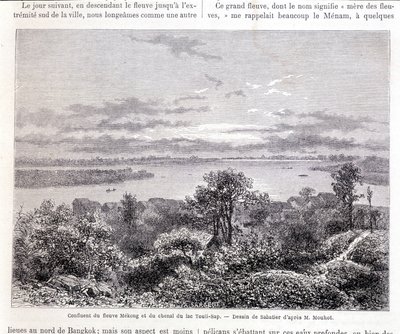 Samenvloeiing van de Mekong-rivier en het Touli-meerkanaal - slap. Tekening door Sabatier volgens Mr. Mouhot. Tour du monde door Louis Remy Sabatier