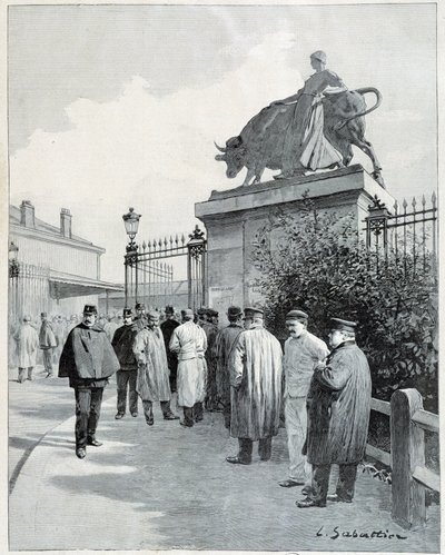 Stakers bij het slachthuis de la Villette door Louis Remy Sabattier